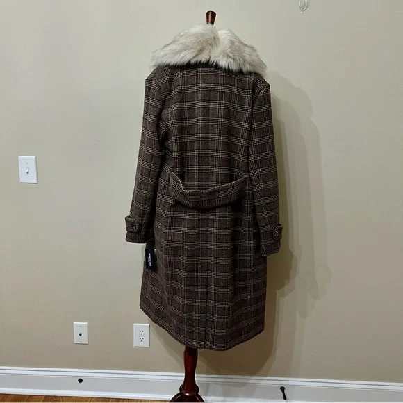 NWT Kennth Cole NY Long Plaid Coat W/ Removable Faux Fur Collar Size M​​ - Picture 3 of 7